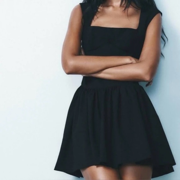 Zara Dresses & Skirts - Zara Black Square Neck Fit & Flare Dress Sleeveless Skater Mini XS